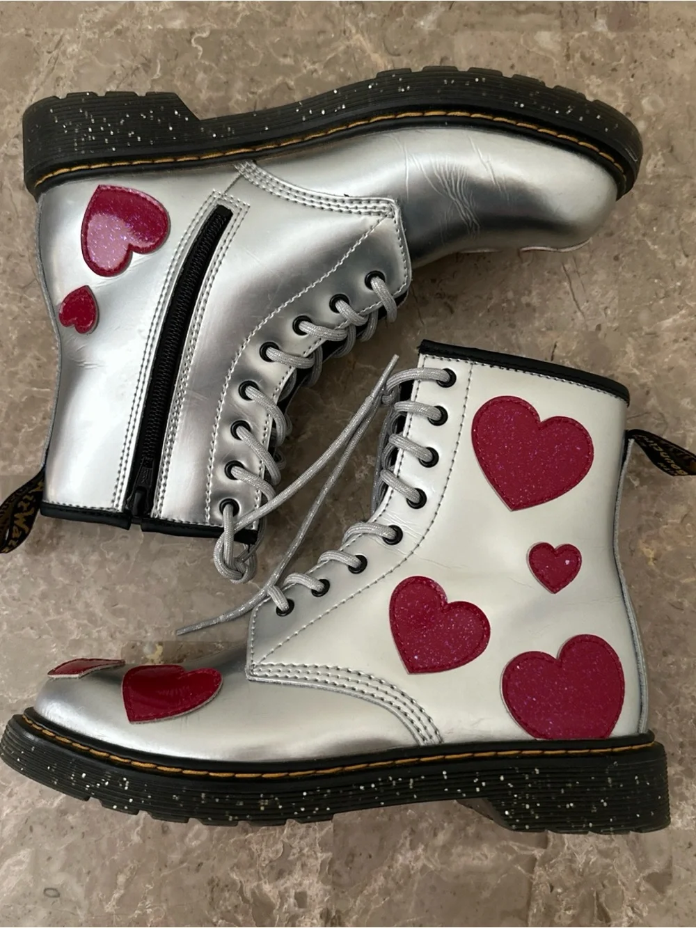 Womens Dr. Martens Boots Metallic Silver w/ Hearts Zipper Side Sz 6 Valentines - Picture 3 of 10